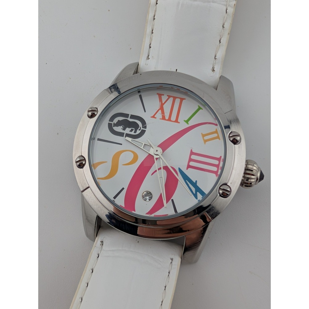 Marc Ecko Watch Women 35mm‎ Case White Leather Band- New Battery